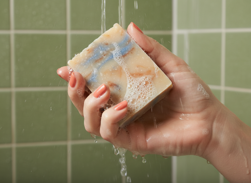 Hand holding a bar of soap under running water with a green tiled background