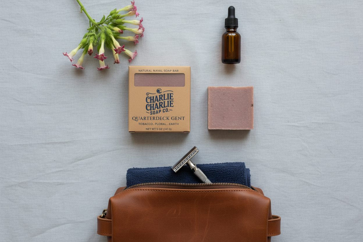 Grooming products including a leather pouch, soap bar, and bottle on a textured surface.