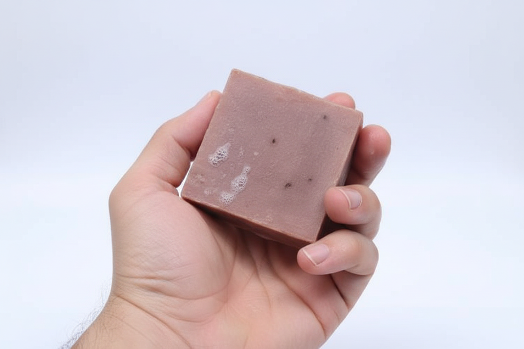 Hand holding a brown soap bar against a white background