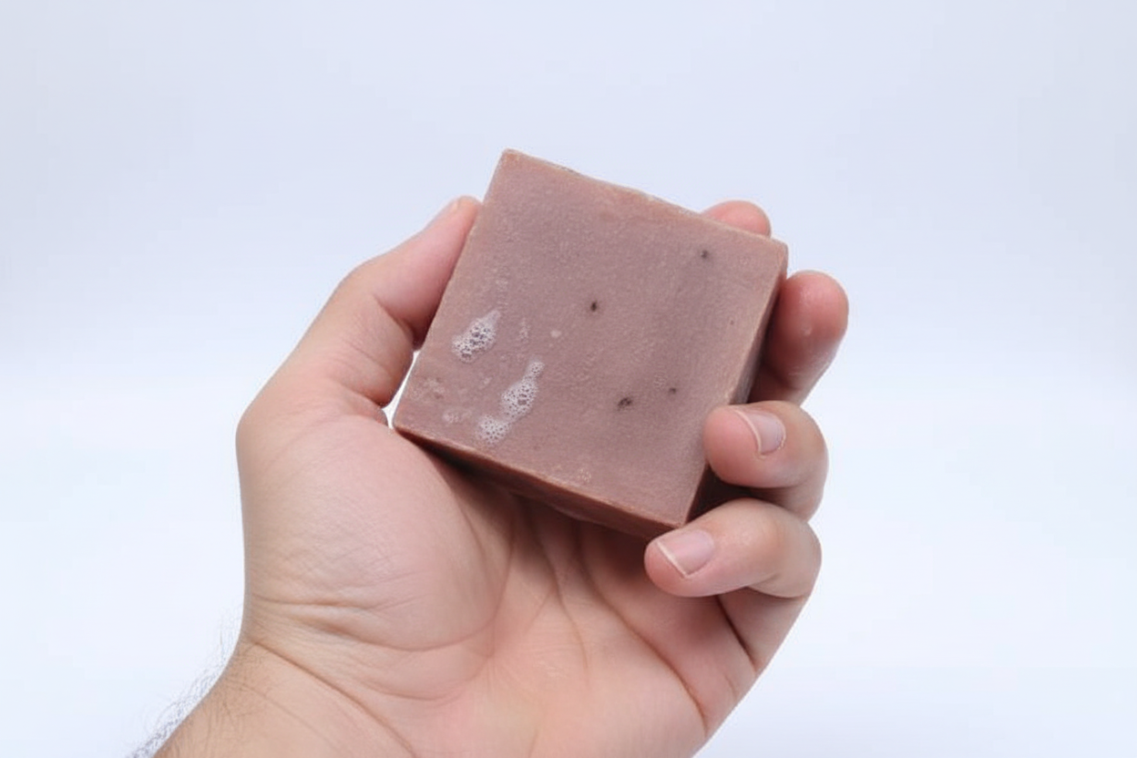 Hand holding a brown soap bar against a white background