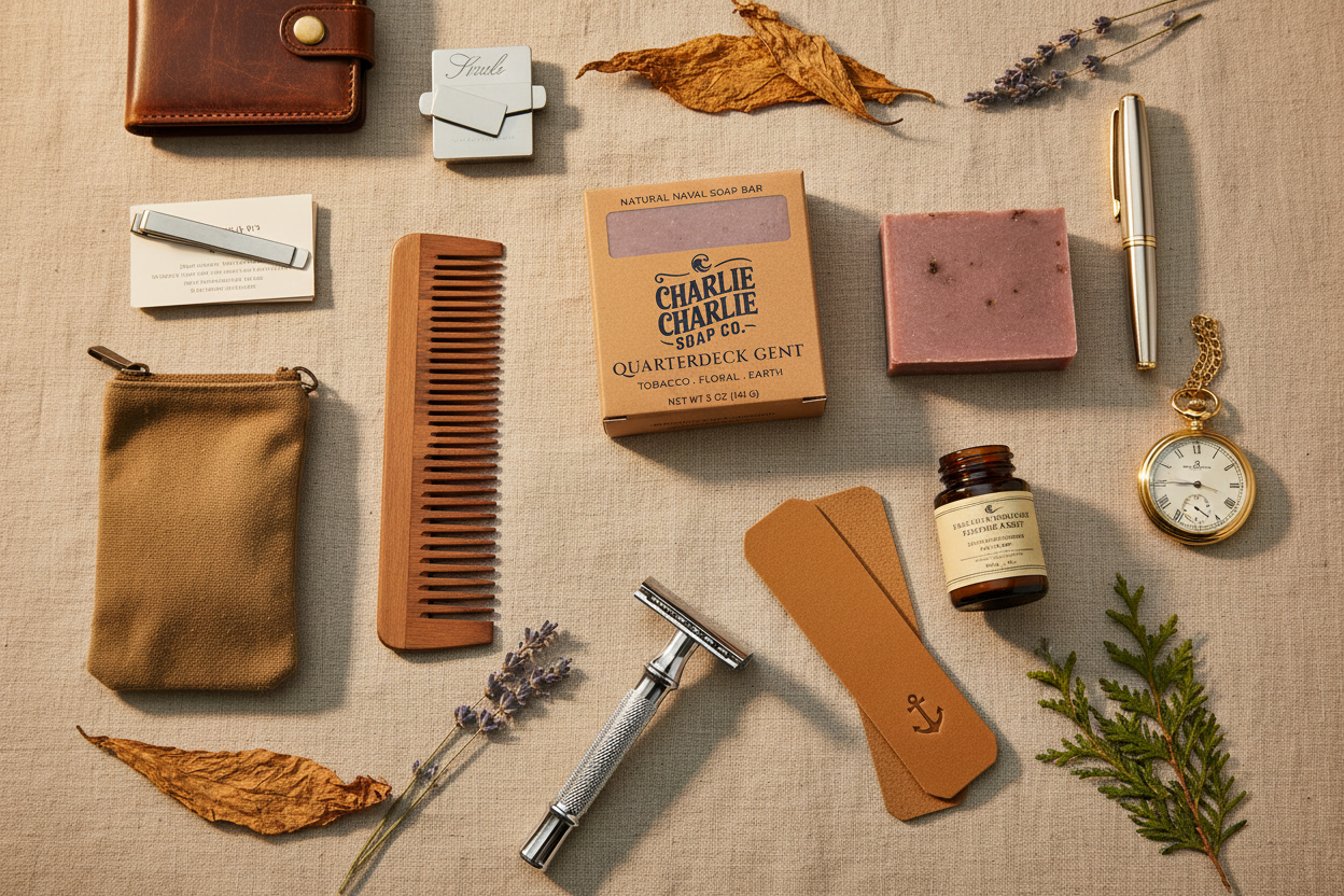 Collection of grooming items including a comb, pocket knife, and soap on a textured surface.