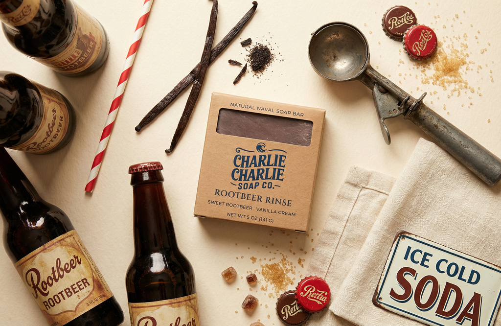 Root beer bottles, vanilla beans, and a box of Charlie Charlie soap on a light background
