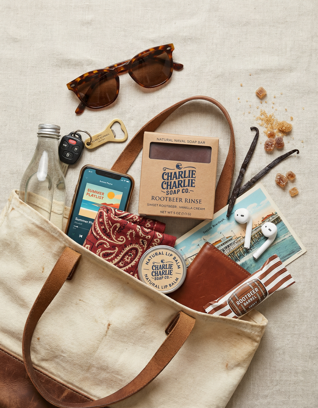 Collection of items including a phone, sunglasses, and lip balm on a textured surface.