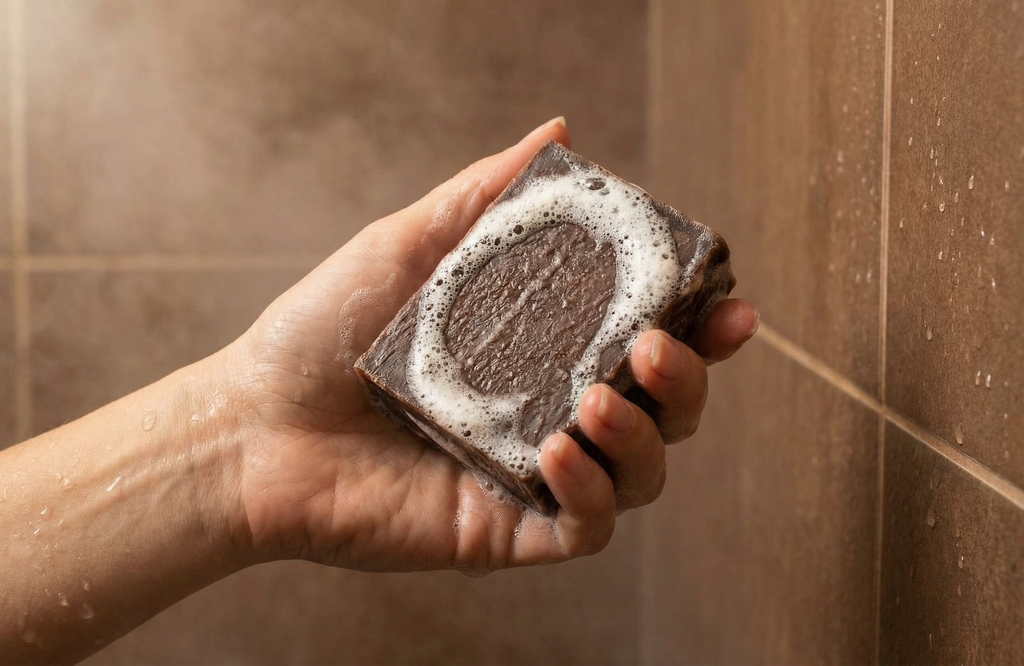 Hand holding a bar of soap with lather against a tiled bathroom wall.