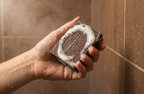 Hand holding a bar of soap with lather against a tiled bathroom wall.