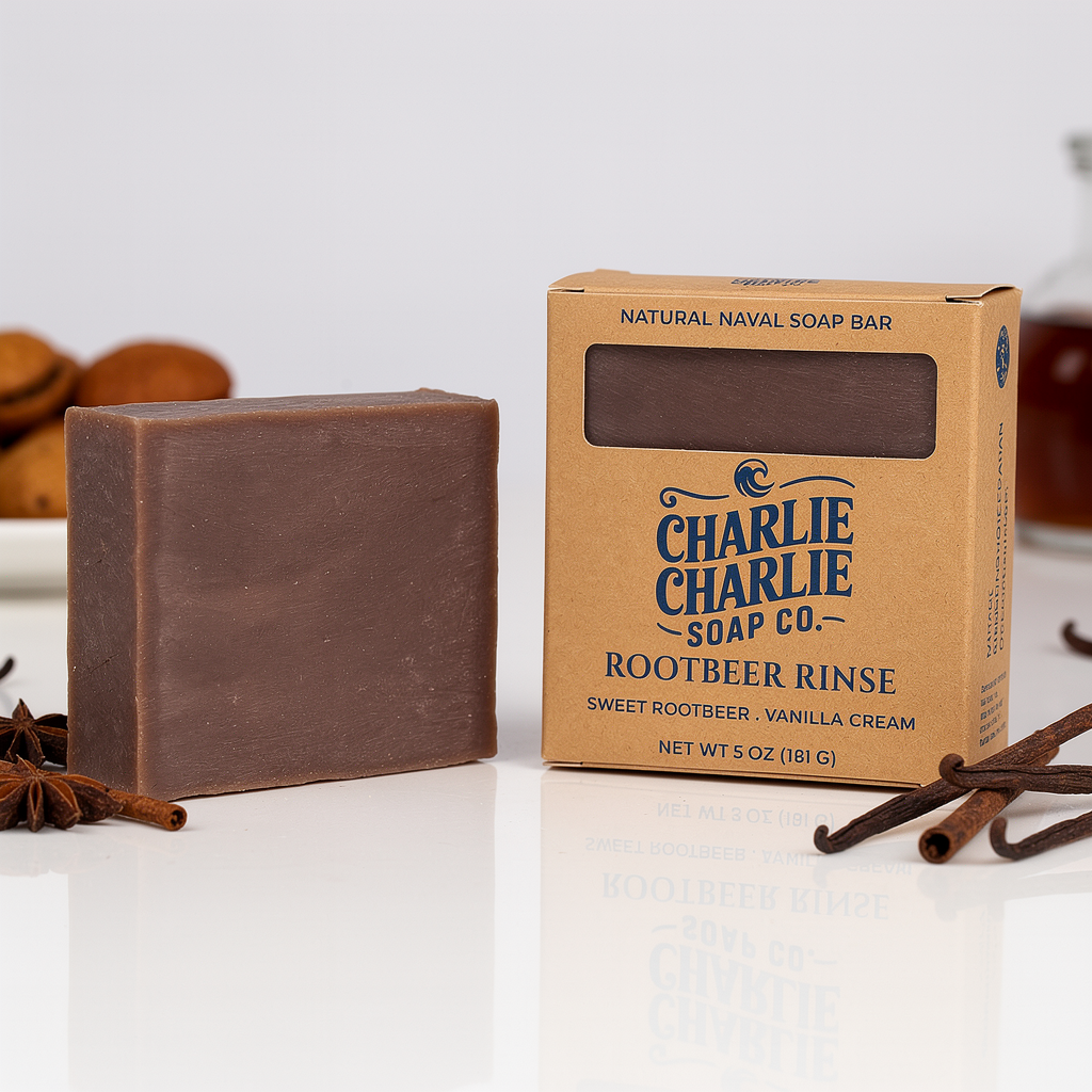 Bar of soap and packaging of Charlie Charlie Soap Co. Rootbeer Rinse on a white surface with vanilla beans.