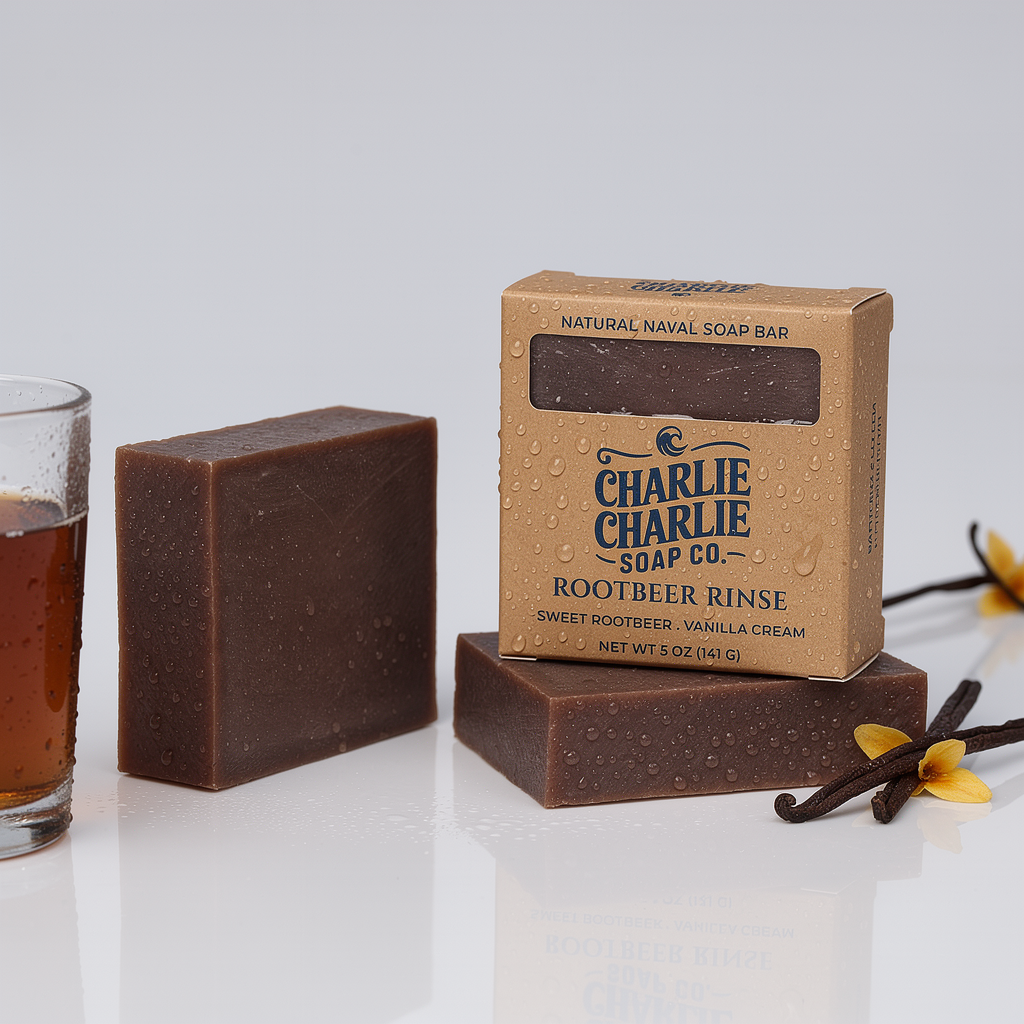 Two soap bars and their packaging from Charlie Charlie Soap Co. on a white surface with a glass of root beer and vanilla beans.