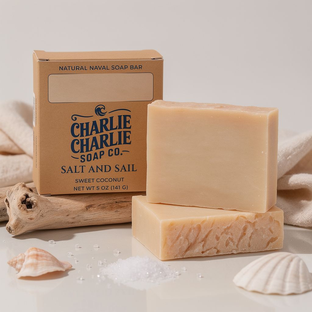 Two bars of soap and a box from Charlie Charlie Soap Co. on a neutral background with shells and driftwood.
