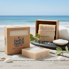 Charlie Charlie Soap Co. natural naval soap bars with packaging on a beach setting
