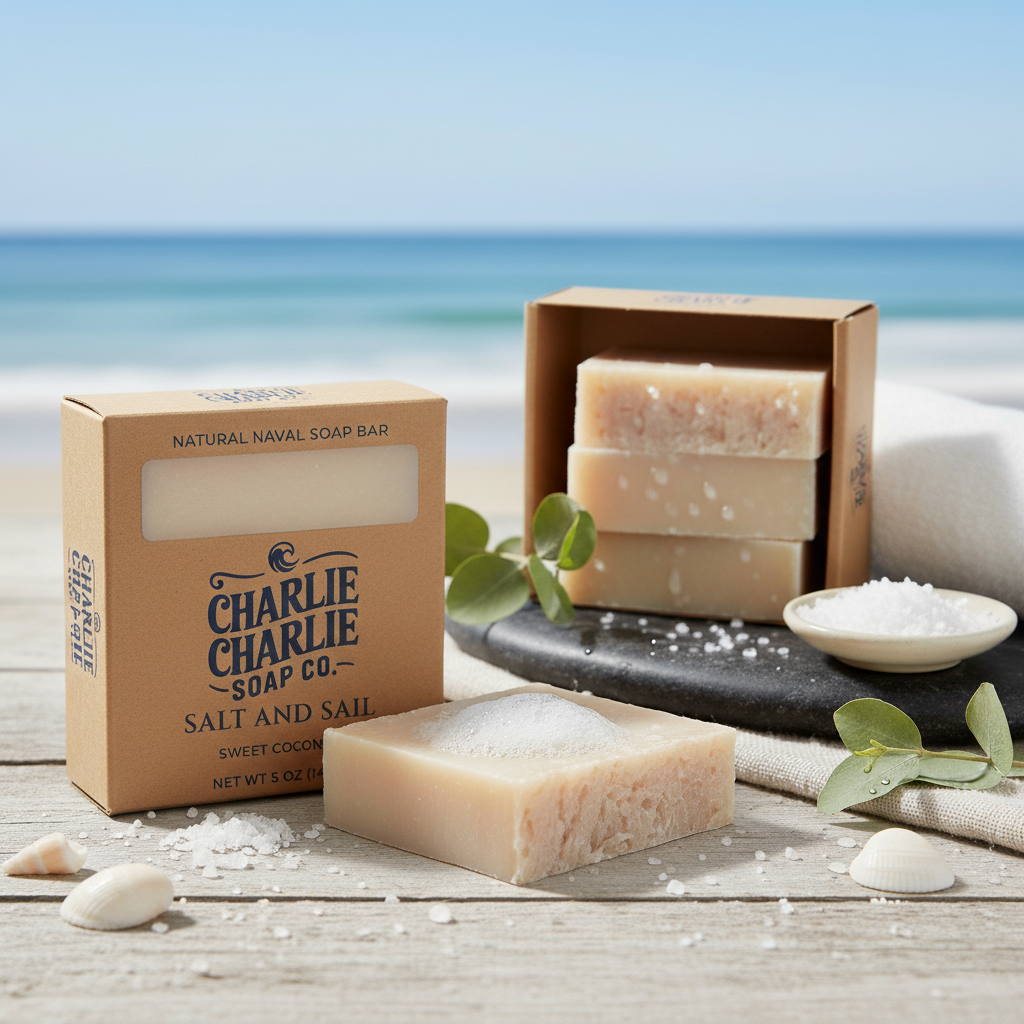Charlie Charlie Soap Co. natural naval soap bars with packaging on a beach setting