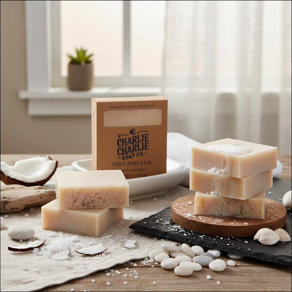 Stacks of soap bars with a box labeled 'Charlie Soap Co.' on a wooden surface.