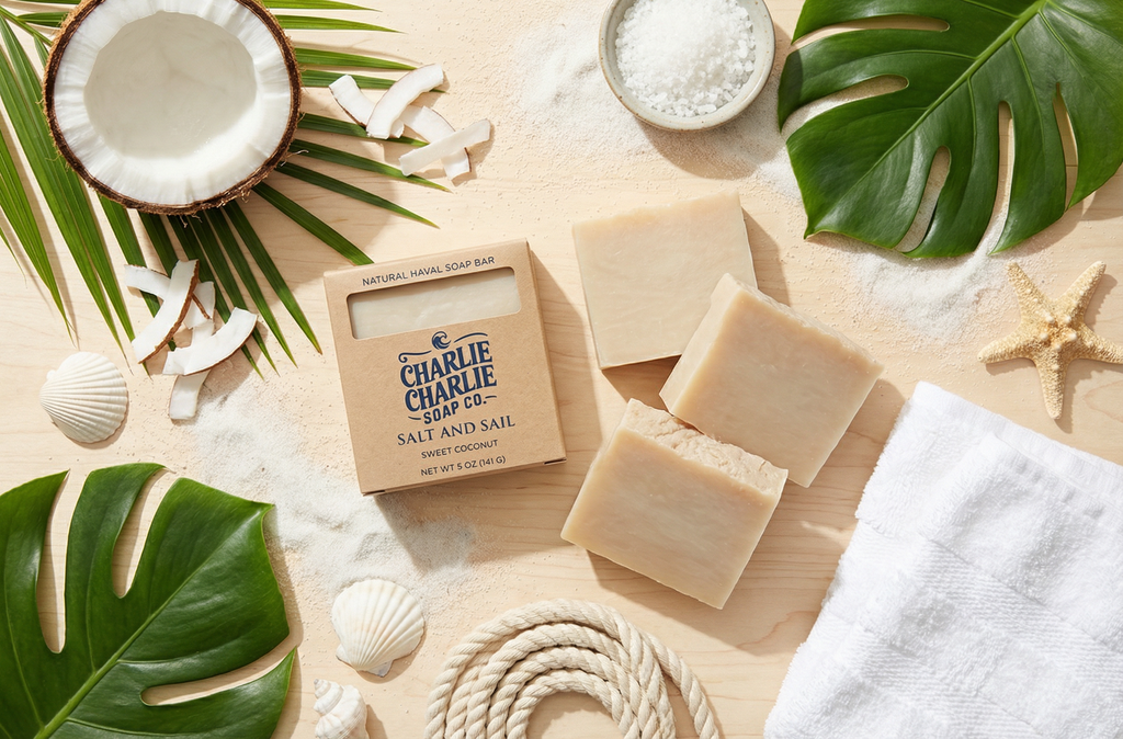Bar of soap with packaging on a beach-themed surface with coconut, shells, and leaves.