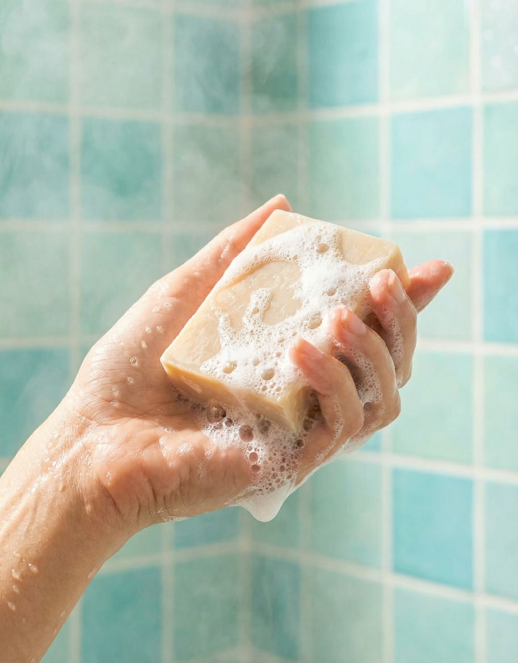Hand holding a bar of soap with lather against a tiled bathroom wall.