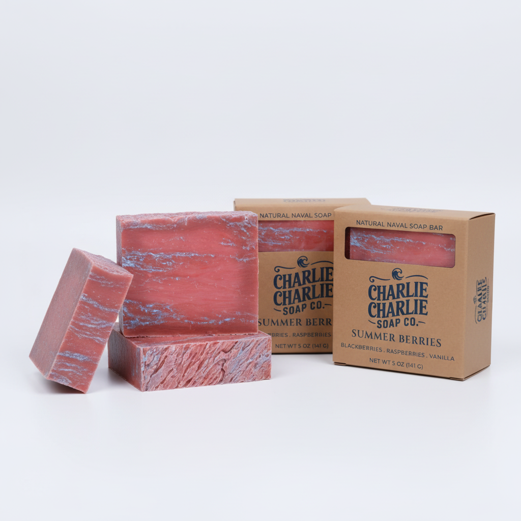 Marble-patterned soap bars with cardboard packaging labeled 'Charlie Charlie Soap Co.' on a white background