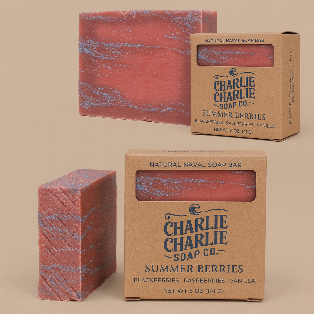 Two natural naval soap bars with 'Charlie Charlie Soap Co.' packaging on a beige background