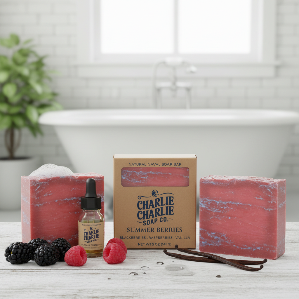 Bath products including soap and a bottle with 'Charlie Charlie Soap Co.' branding on a bathroom counter.