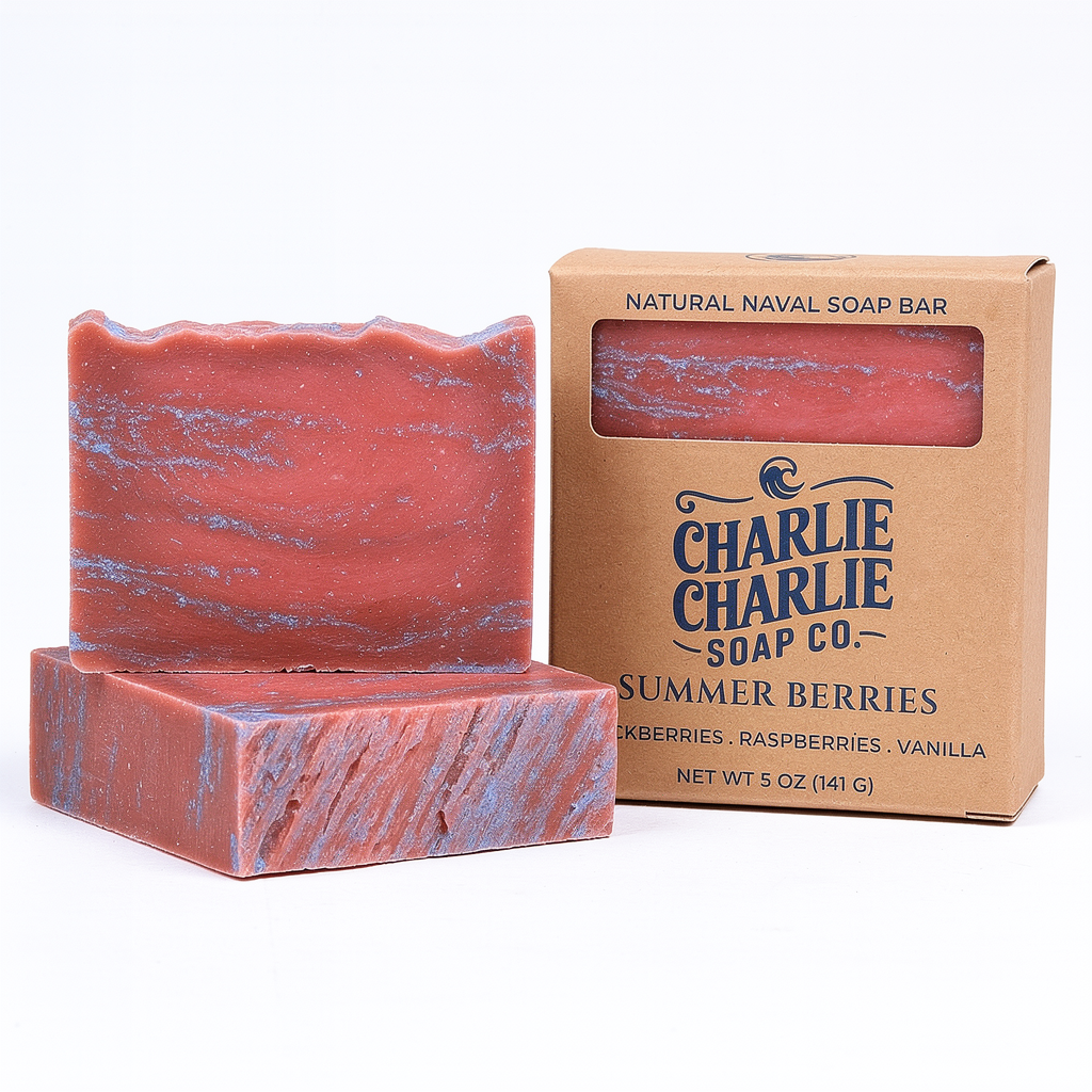 Red and purple marbled soap bar with 'Charlie Charlie Soap Co.' packaging on a white background