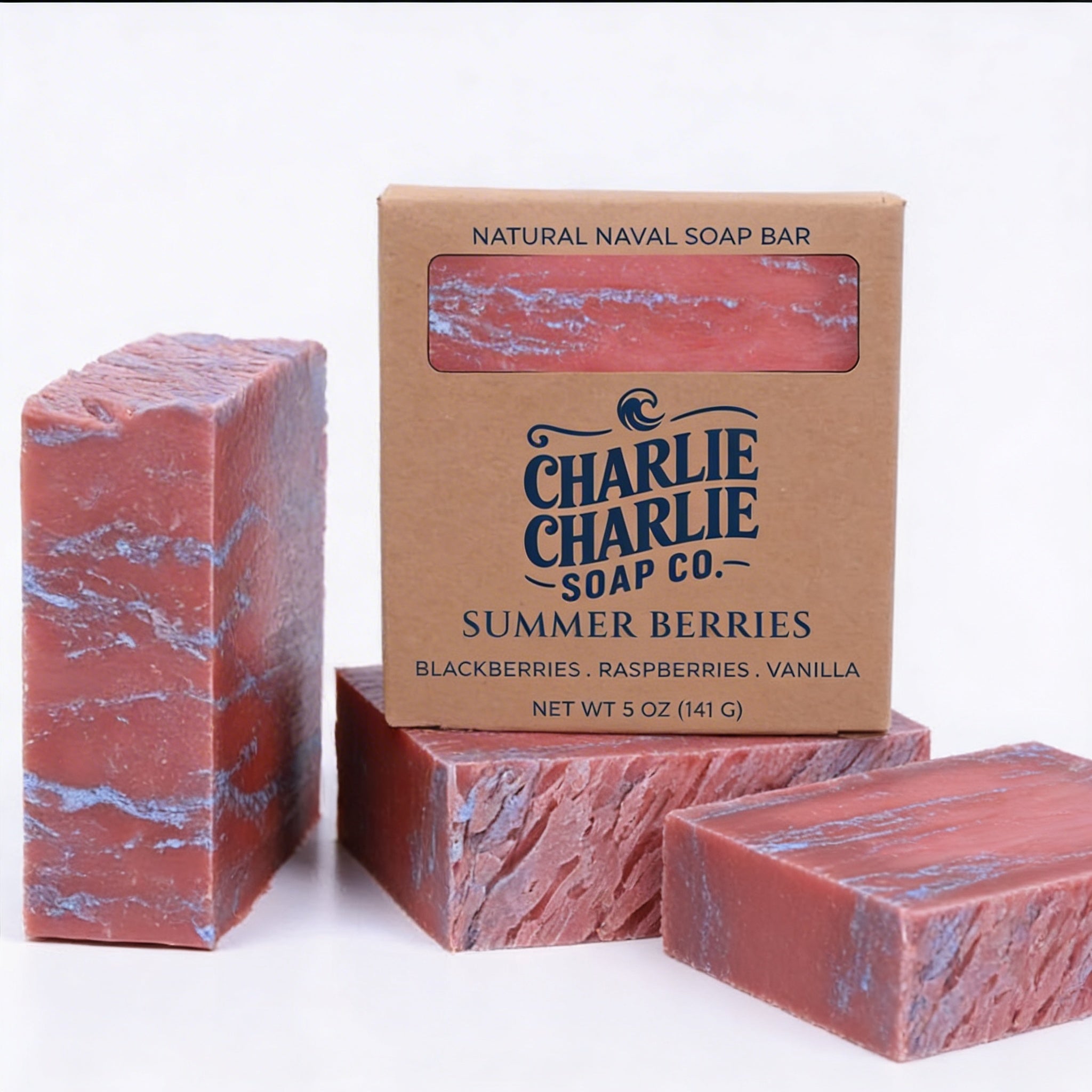 Natural naval soap bar with 'Charlie Charlie Soap Co' packaging on a white background