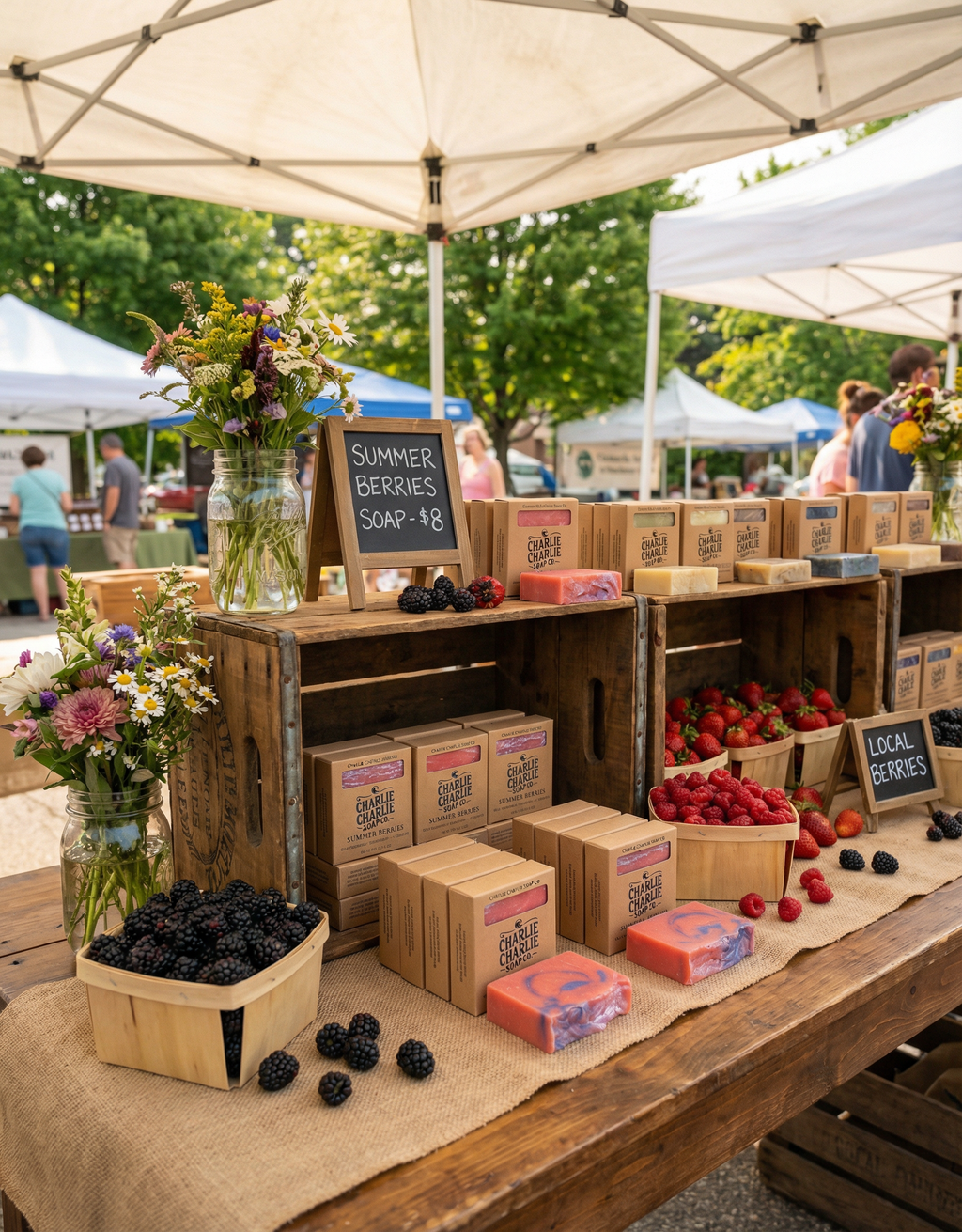 Farmers market stand with wooden crates, blackberries, and flowers under a canopy.