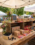 Farmers market stand with wooden crates, blackberries, and flowers under a canopy.
