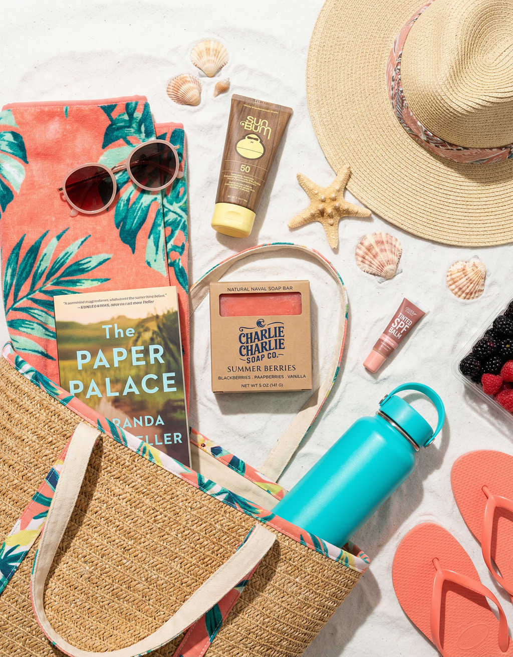Summer-themed items including a hat, sunglasses, sunscreen, and a water bottle on a white background.