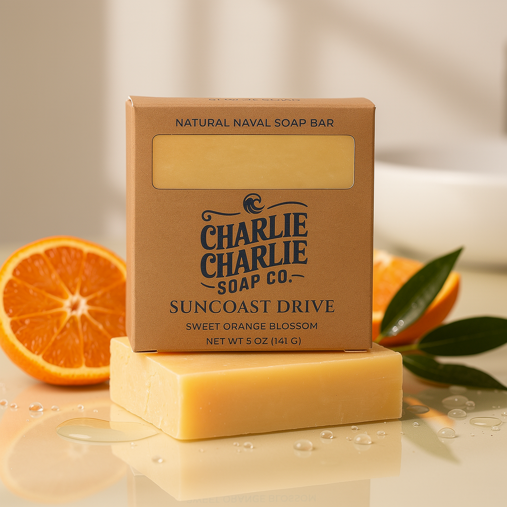 Bar of soap with a cardboard box labeled 'Charlie Charlie Soap Co.' on a reflective surface with oranges and leaves.