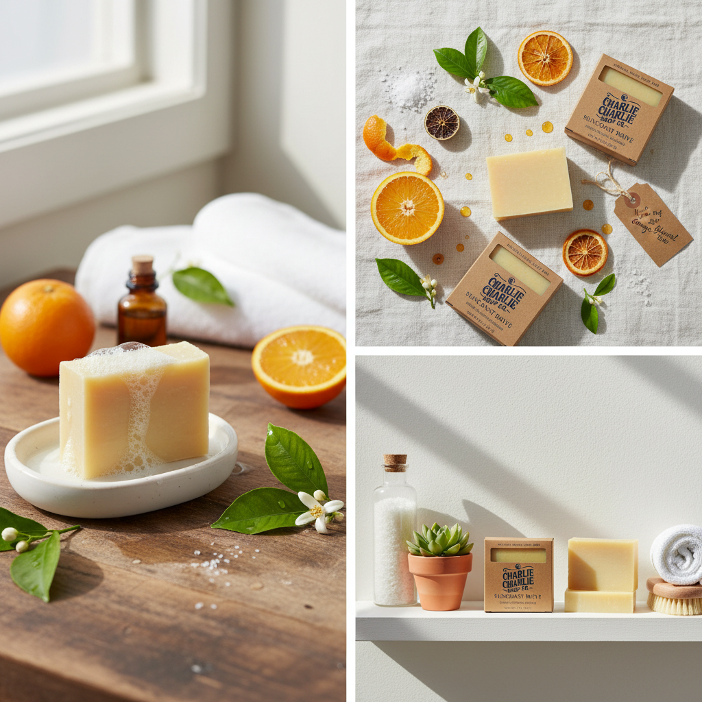Collage of soap bars with oranges and leaves on a wooden surface, and soap bars on a shelf with decorative items.