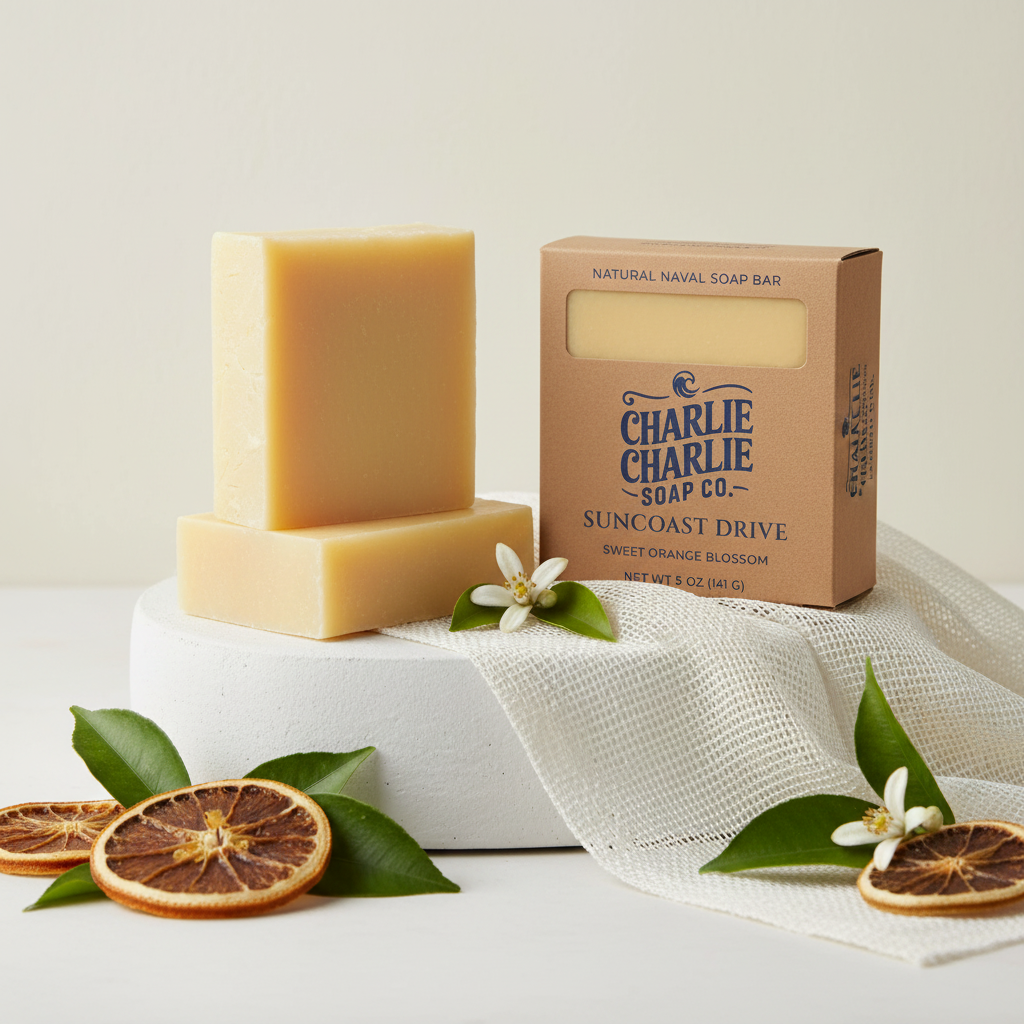 Two bars of soap and a box from Charlie Charlie Soap Co. on a white surface with orange slices and leaves.