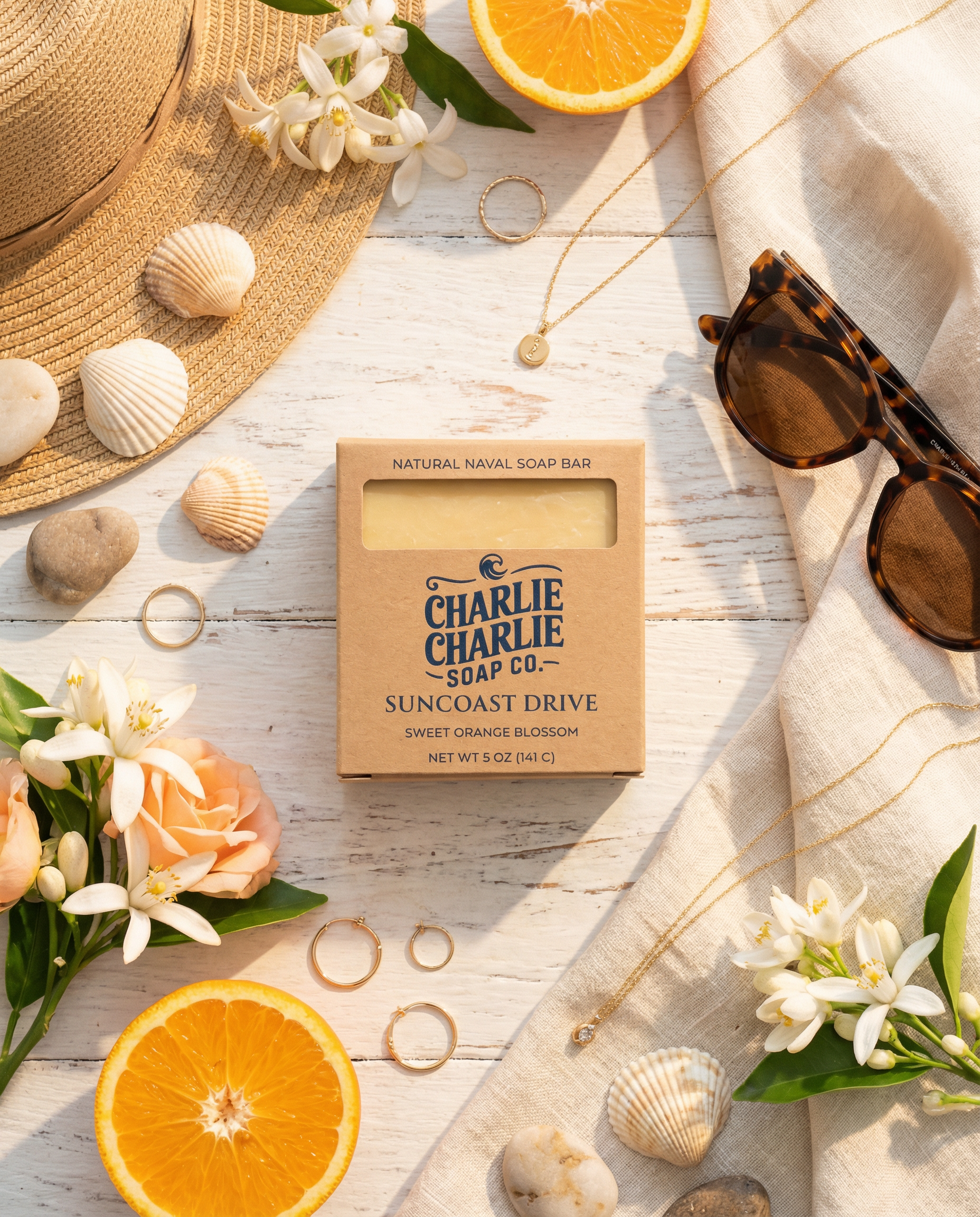 Charlie Charlie Soap Co. suncoast drive soap bar with summer accessories on a wooden surface