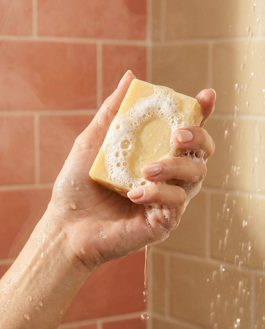 Hand holding a bar of soap with bubbles against a tiled shower wall.